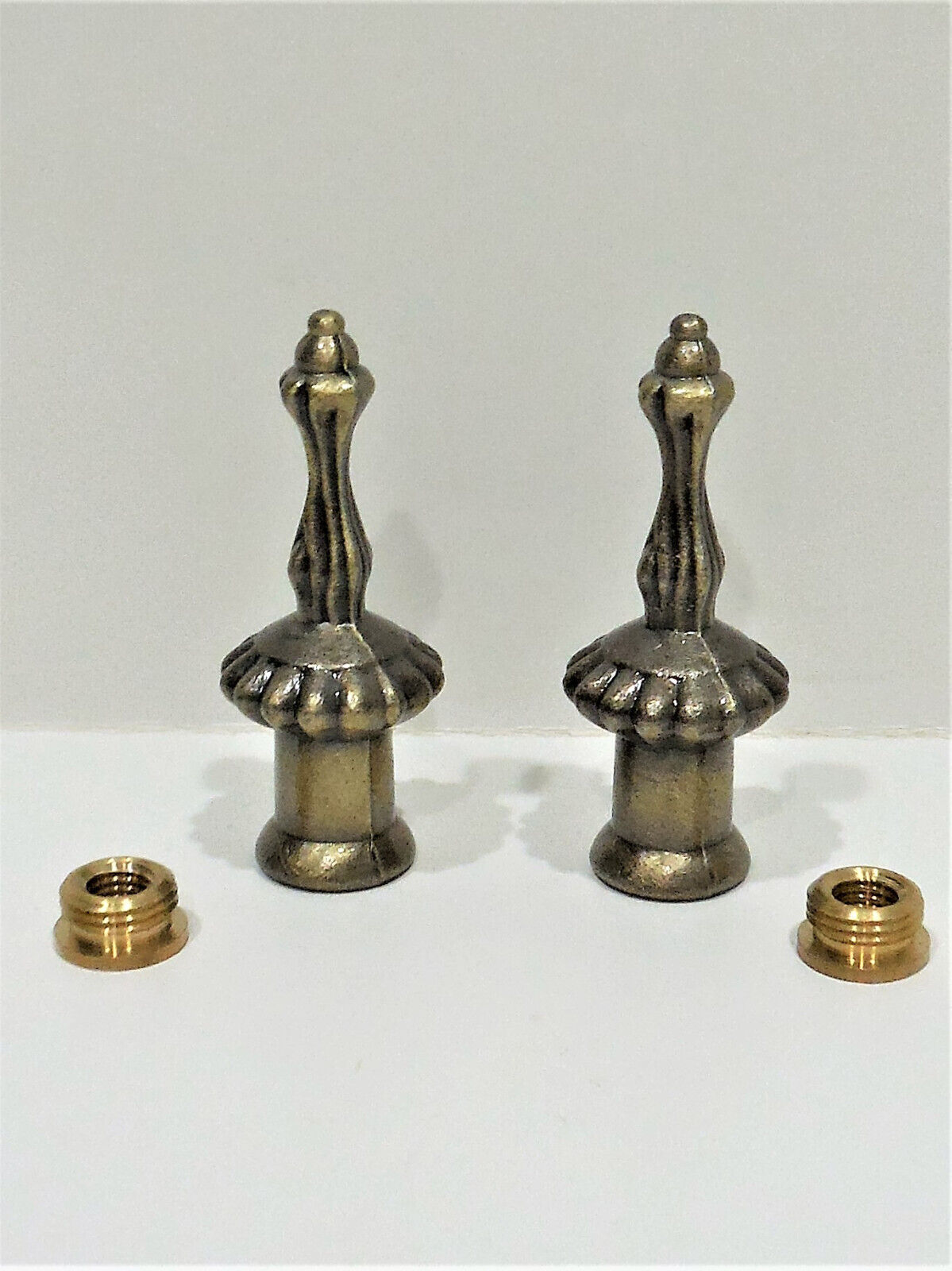 Pair Lamp Shade Finials-Ornate Antique Brass-Cast Metal-Dual Thread