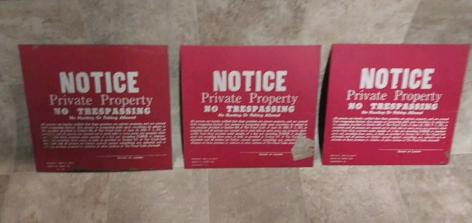 LOT OF 3 vintage Notice Private Property No Trespassing Metal Signs - Sign