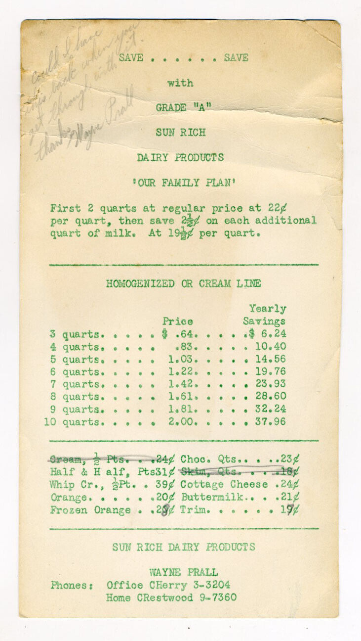 1940s or 1950s Sun Rich Dairy Products Price Sheet