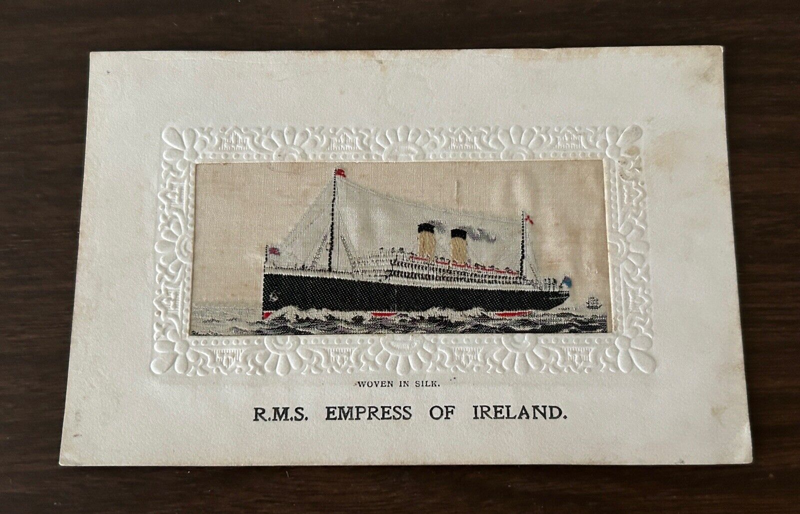 Vintage 1910s RMS EMPRESS OF IRELAND Sold On Board Silk Woven Postcard