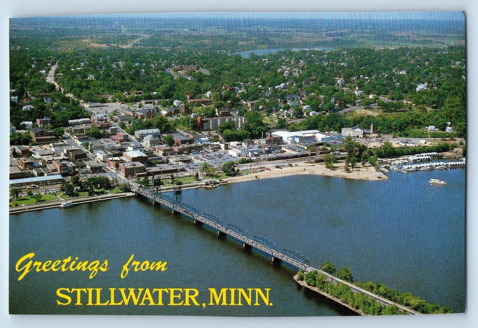 Stillwater Minnesota Postcard Greetings Bird's Eye View St. Croix c1960s Vintage