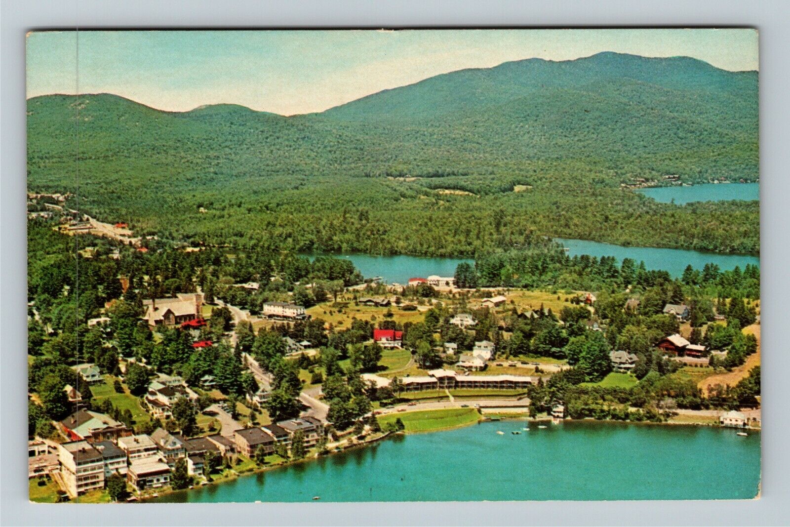 Lake Placid NY-New York, Lakeside Motor Inn, Aerial View, Vintage Postcard