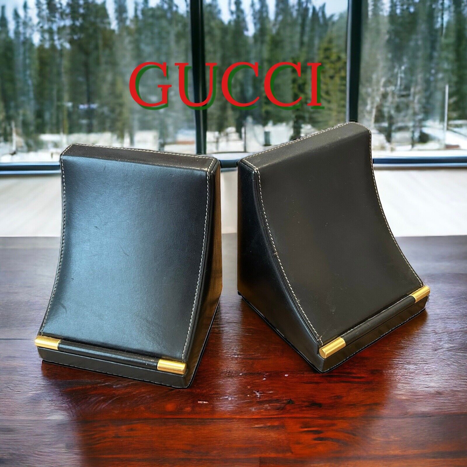 Vtg GUCCI Pair of Black Leather Bookends Designer Office Decor