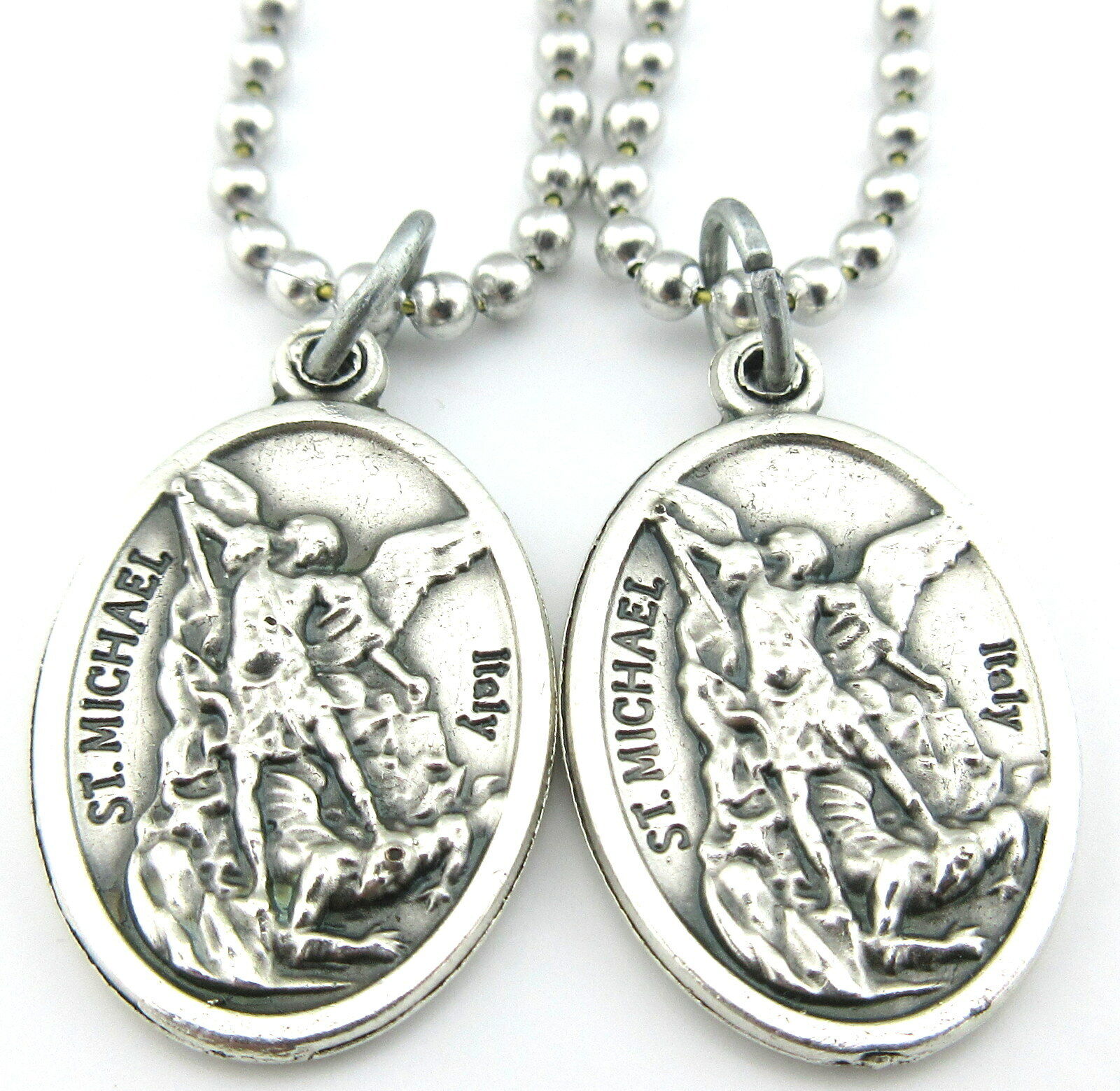 2 pc Lot St Michael Medal Pendant Necklace Silver Plated with No Tarnish Chain