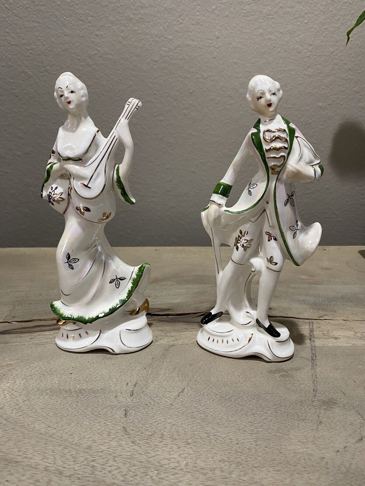Pair OfVintage Brinnco Porcelain Figurines Japan White/Green with Gold Trim 7.5\