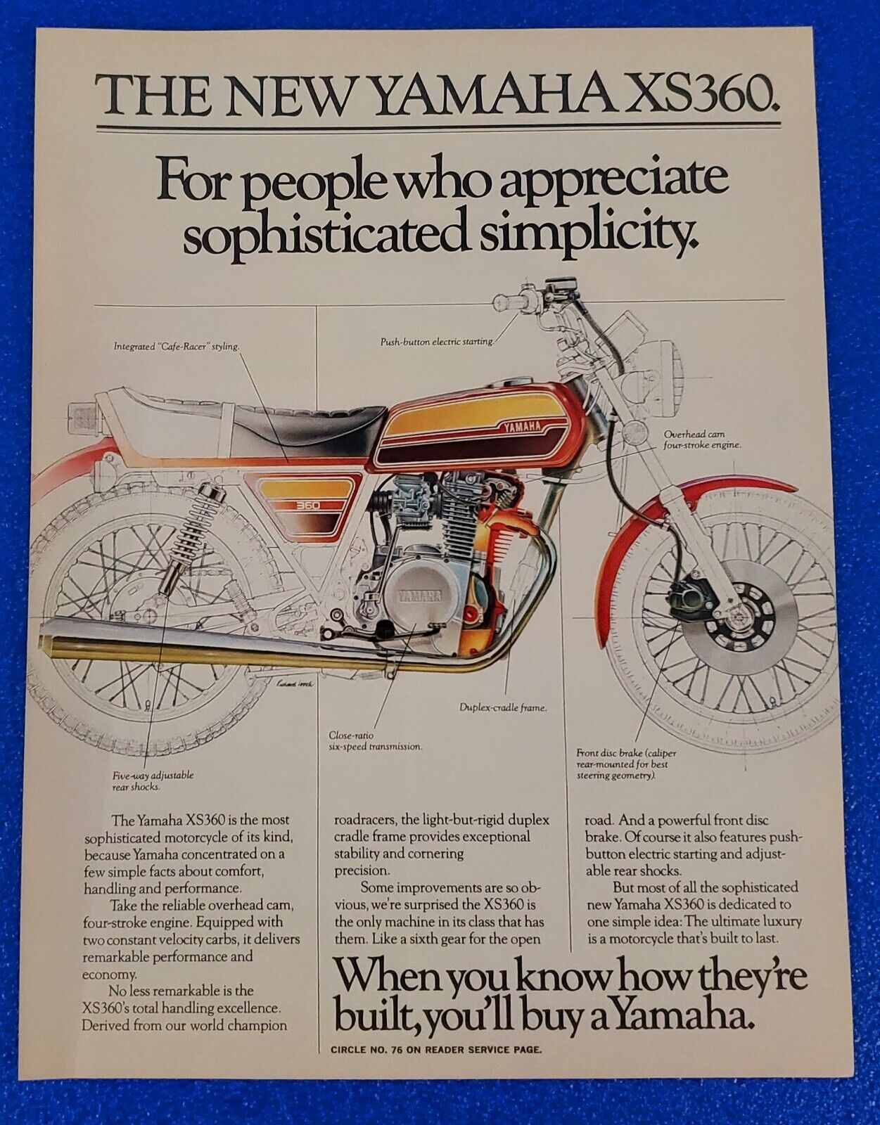 1976 YAMAHA XS360 MOTORCYCLE ORIGINAL PRINT AD PEOPLE WHO APPRECIATE SIMPLICITY