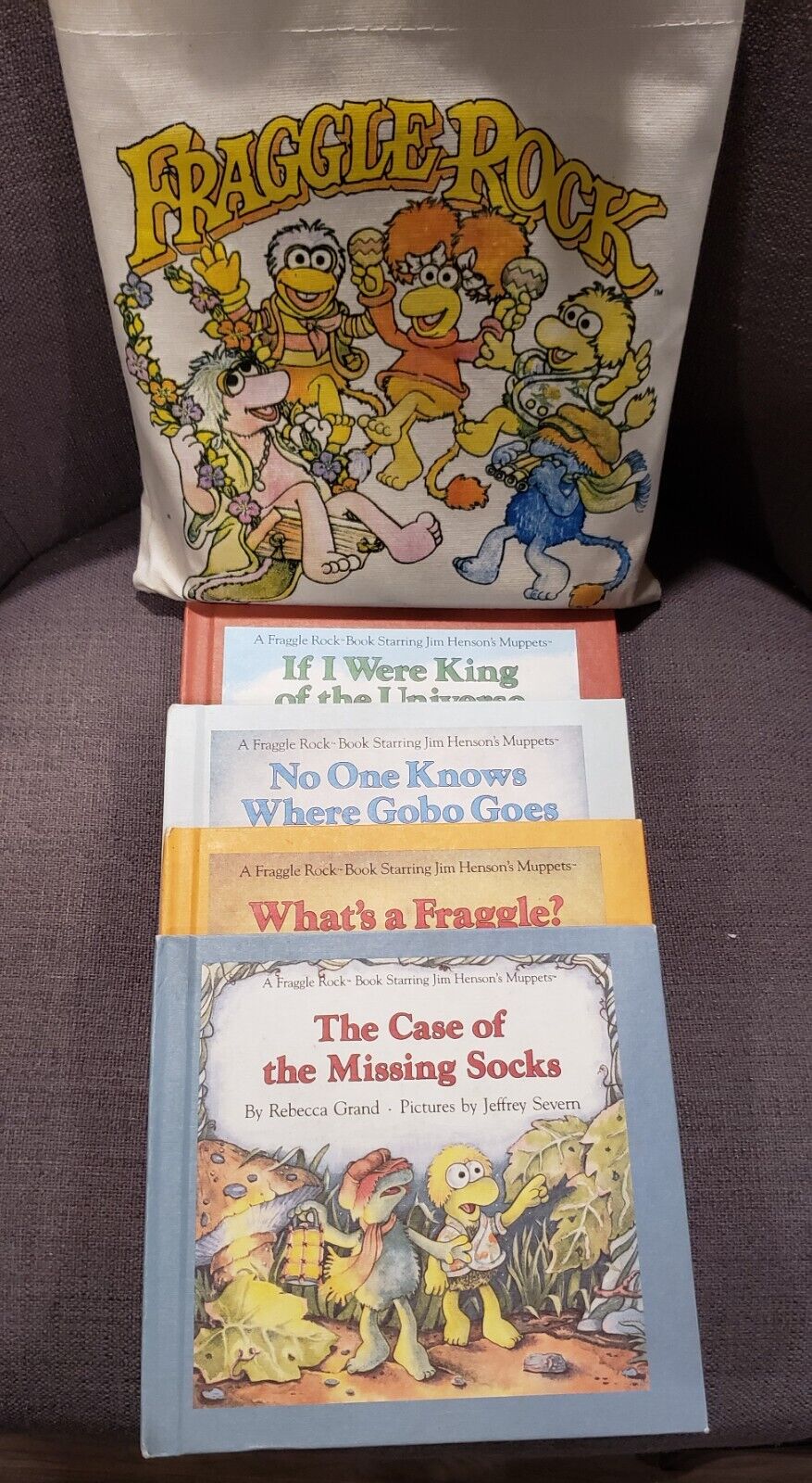 Fraggle Rock Vintage 4 Books and Collectible Canvas Book Tote Tag 1985 Muppets