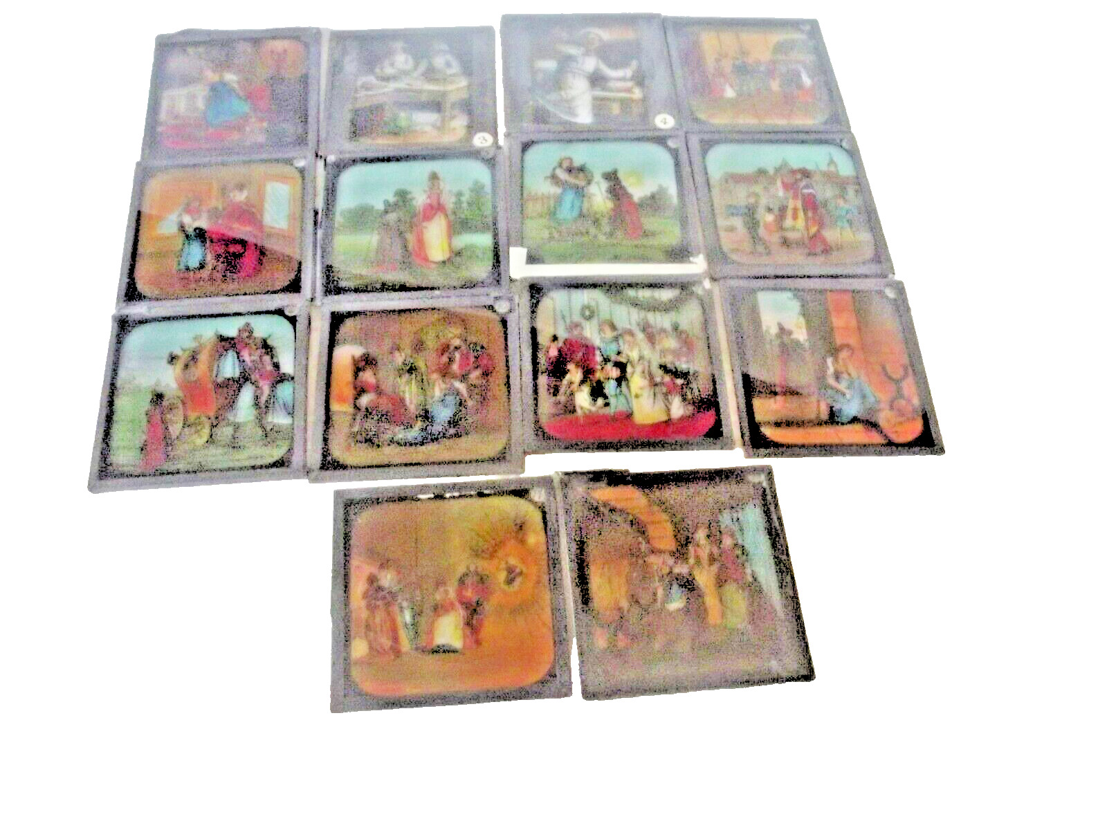A BOX OF 14 VICTORIAN HAND PAINTED MAGIC LANTERN SLIDES  VARIOUS SCENES