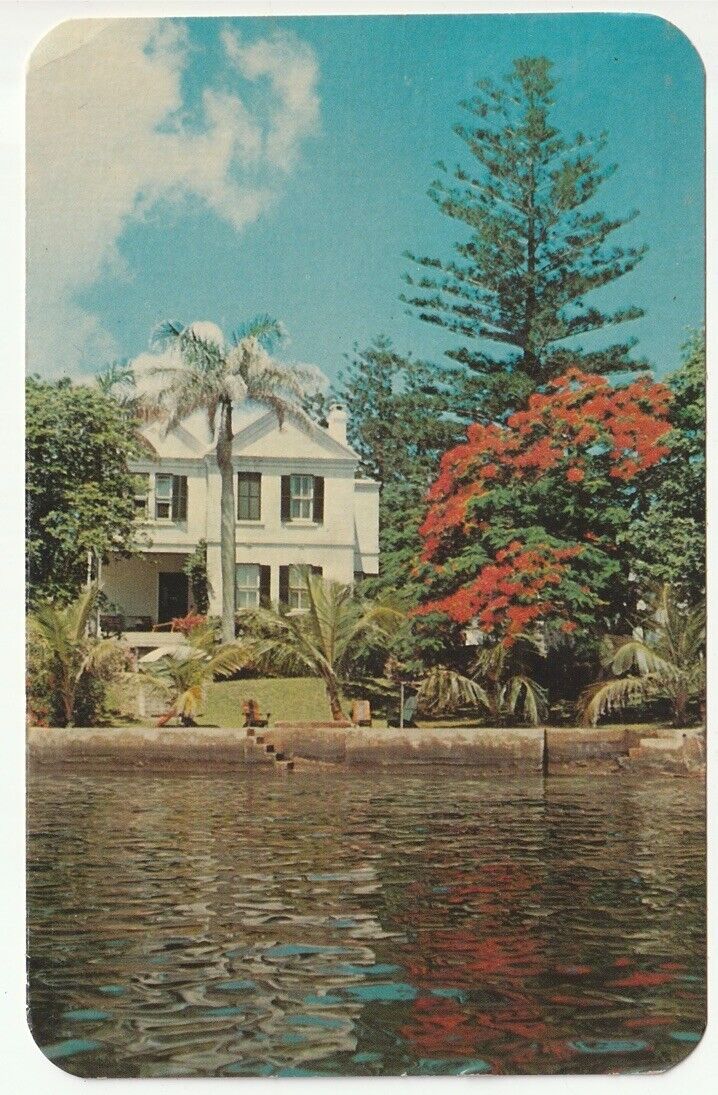 1964 Bermuda PC Red Poinciana tree, typical Bermuda house