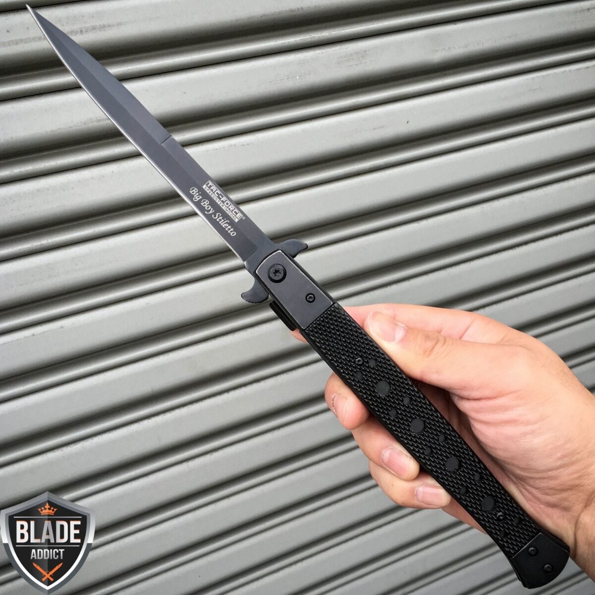 TAC FORCE BLACK Spring Open Assisted EXTRA LARGE Stiletto Folding Pocket Knife