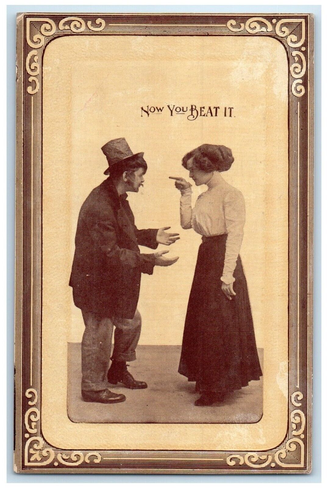 c1910\'s Angry Wife Hobo Now You Beat It Embossed Posted Antique Postcard
