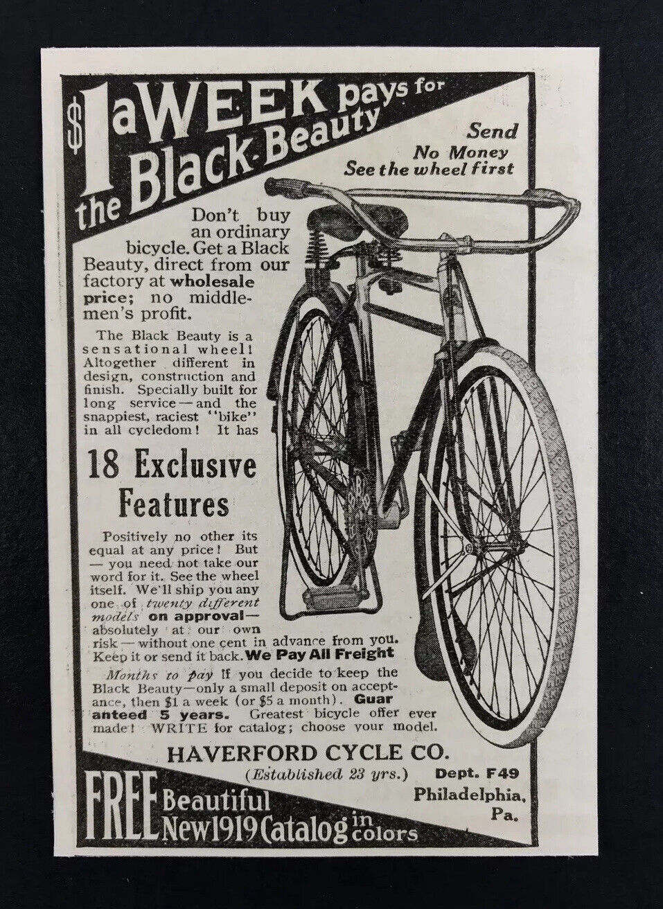 1919 Original Print Haverford Cycle Black Beauty Model with18 Exclusive Features