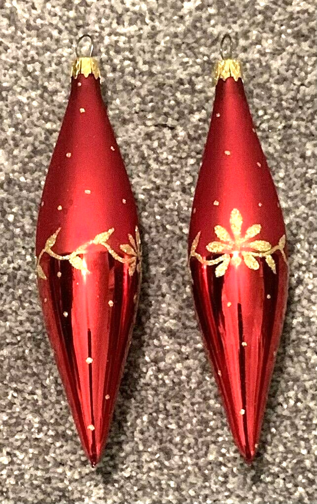 2 Vintage Red Long Decorated Glass Teardrop Christmas Ornaments