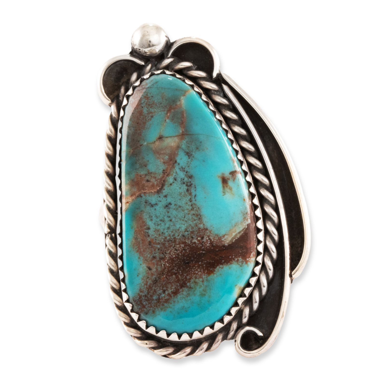 LARGE NATIVE AMERICAN STERLING SILVER SMOKY BISBEE TURQUOISE TENDRILS RING 11