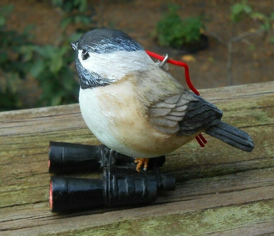 Handcrafted cold cast porcelain Xmas ornament willow titmouse on binoculars