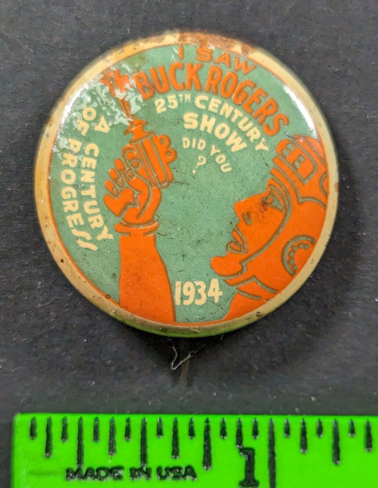 Vintage 1934 Buck Rogers Show Pinback Pin (Rust Around Rim)