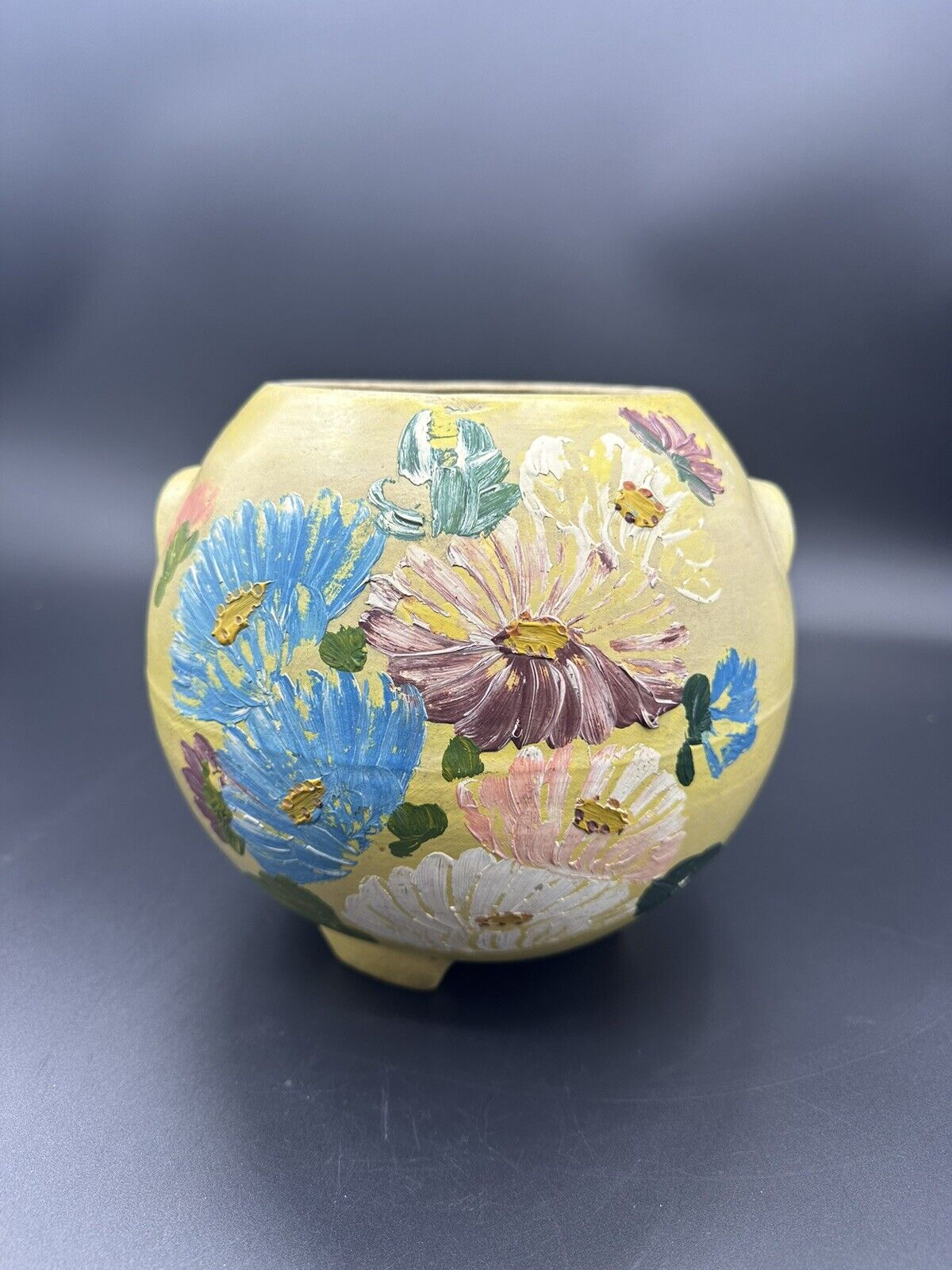 Vtg Ransburg Hand Painted Floral Round Planter/Cookie Jar Yellow No Lid Footed