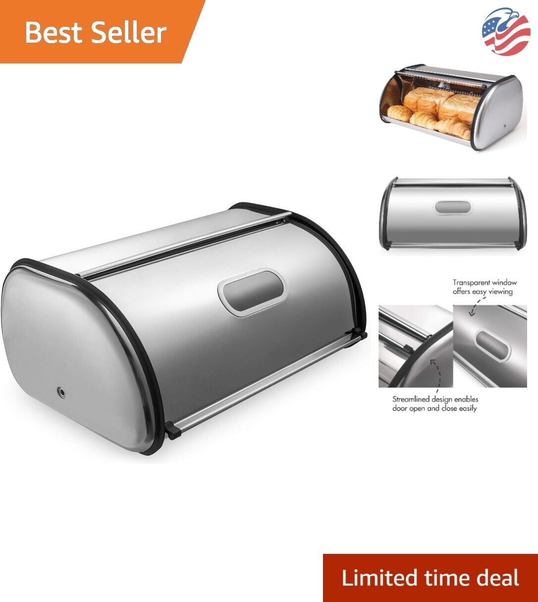 Durable Stainless Steel Bread Box - Spacious Roll-up Lid, Fingerprint Proof