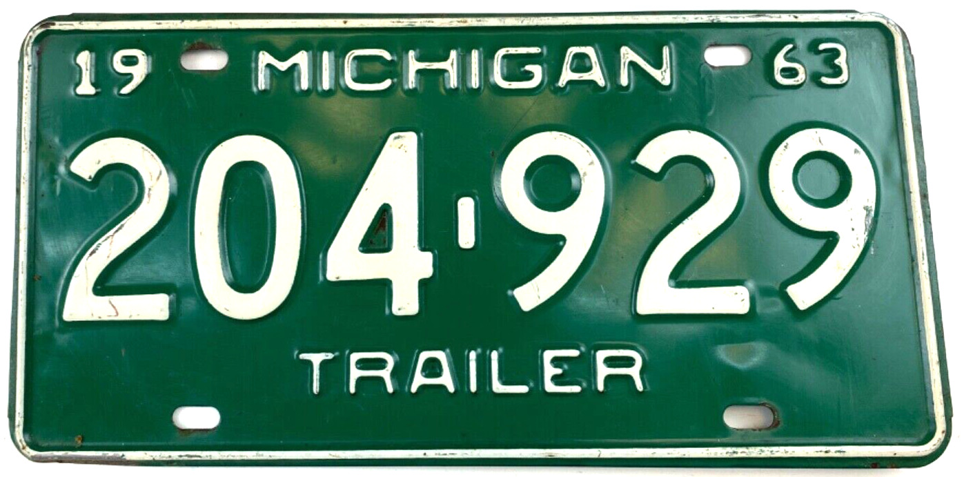 Vintage 1963 Michigan Trailer License Plate Man Cave 204-929 Decor Collector
