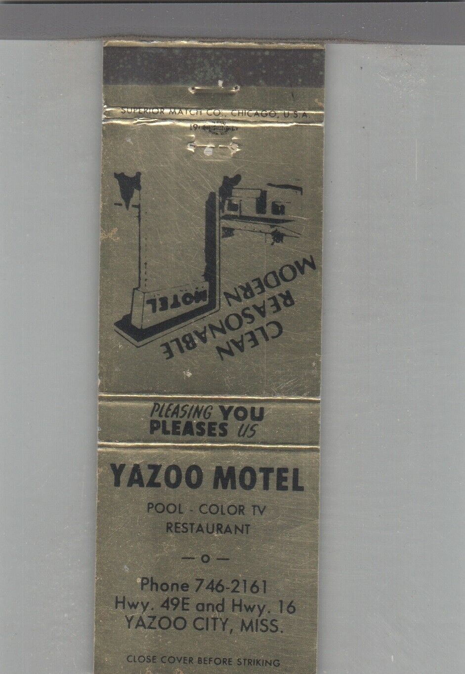 Matchbook Cover Yazoo Motel Yazoo City, MS