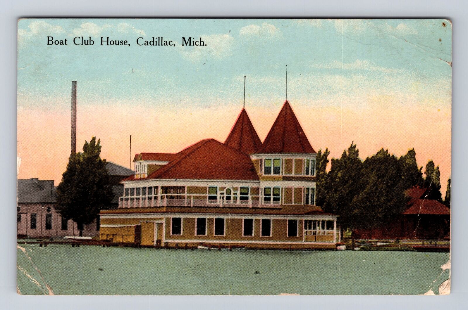 Cadillac MI- Michigan, Boat Club House, Antique, Vintage c1917 Souvenir Postcard