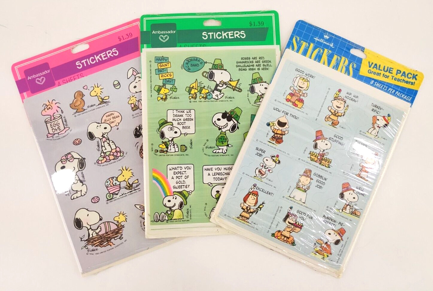 Vintage 3 Packs Peanuts Snoopy Woodstock Holiday Stickers Easter Thanksgiving