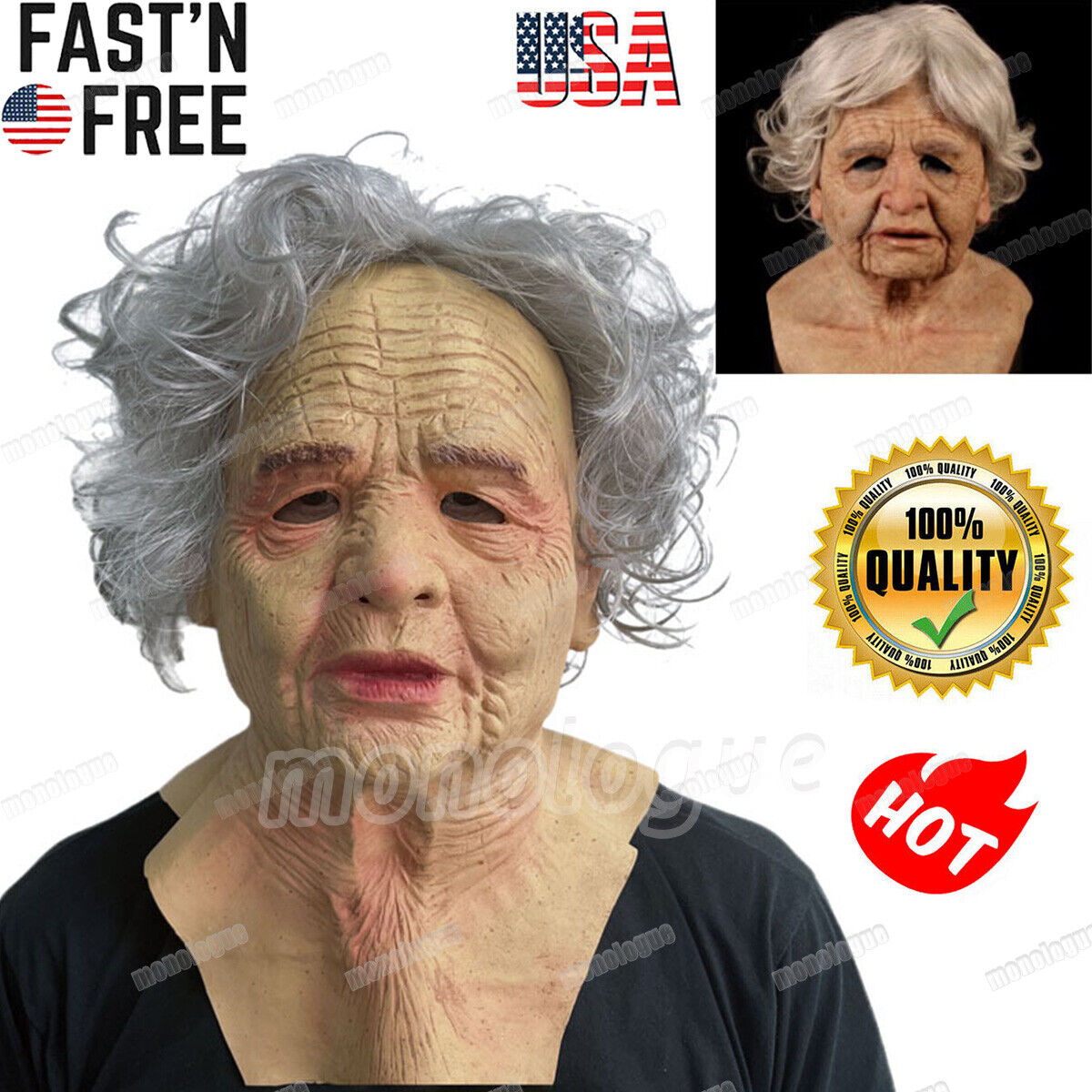 Halloween Wig Old Man Latex Mask Grandma Full Face Headgear Mask Cosplay Prop