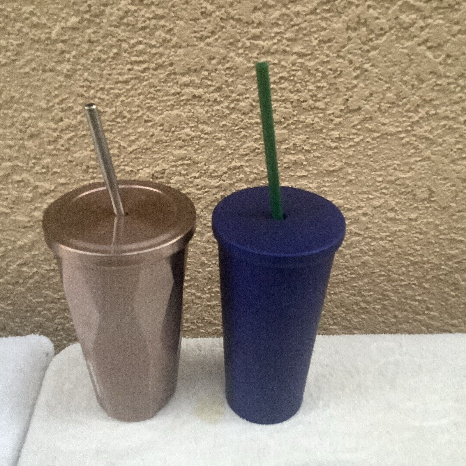 Lot of 2 Starbucks 16oz Stainless Steel Blue & Copper Tumblers W/ Straws