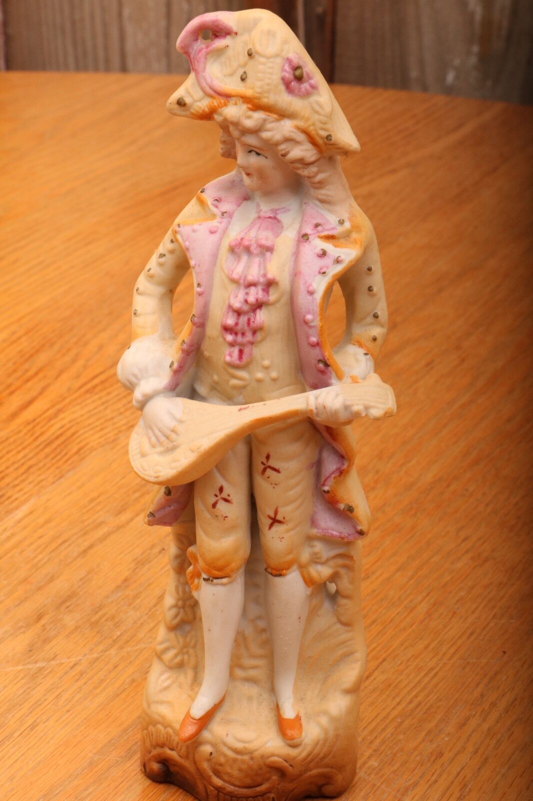 Vintage Man With Lute Yellow Clothes Pink Trim Porcelain Figurine Statue