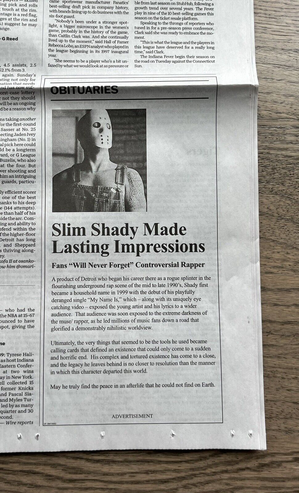 Eminem Death of Slim Shady Detroit Free Press Obituary Promo Ad May 13, 2024