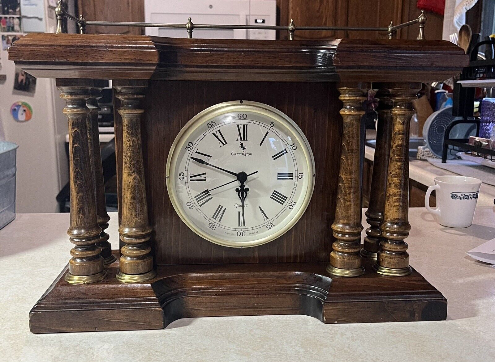 Vintage Carrington Clock Mantle Wood Metal Brown Made In England 18”x6.5”x12.5”
