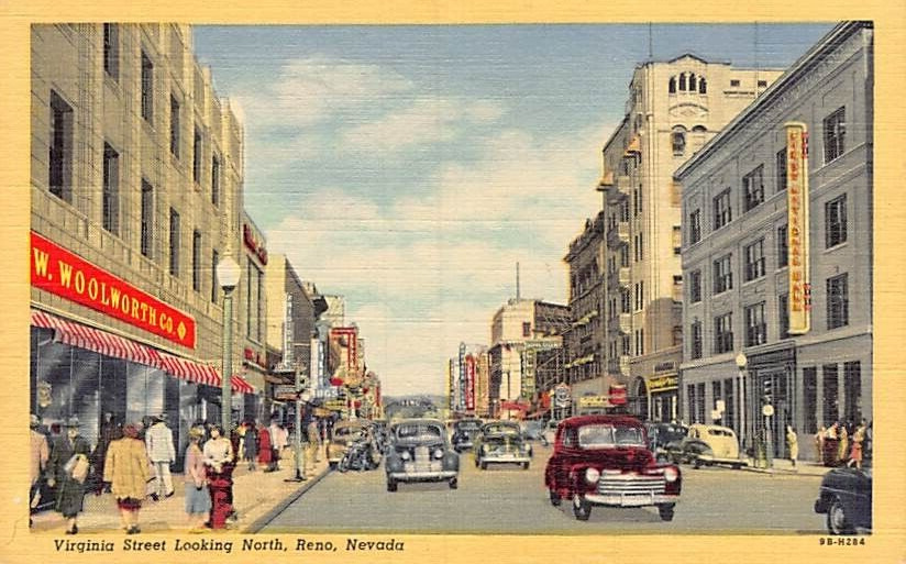 Postcard NV: Virginia Street, Woolworth\'s, Old Cars, Reno, Nevada, Linen