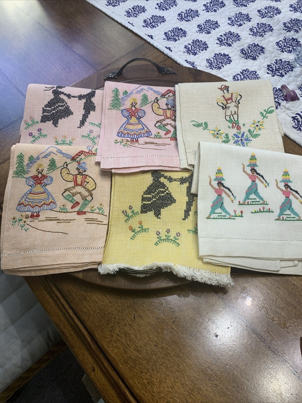 vintage hand Embroidered Colorful guest towels or Dinner napkins, Mexican Art