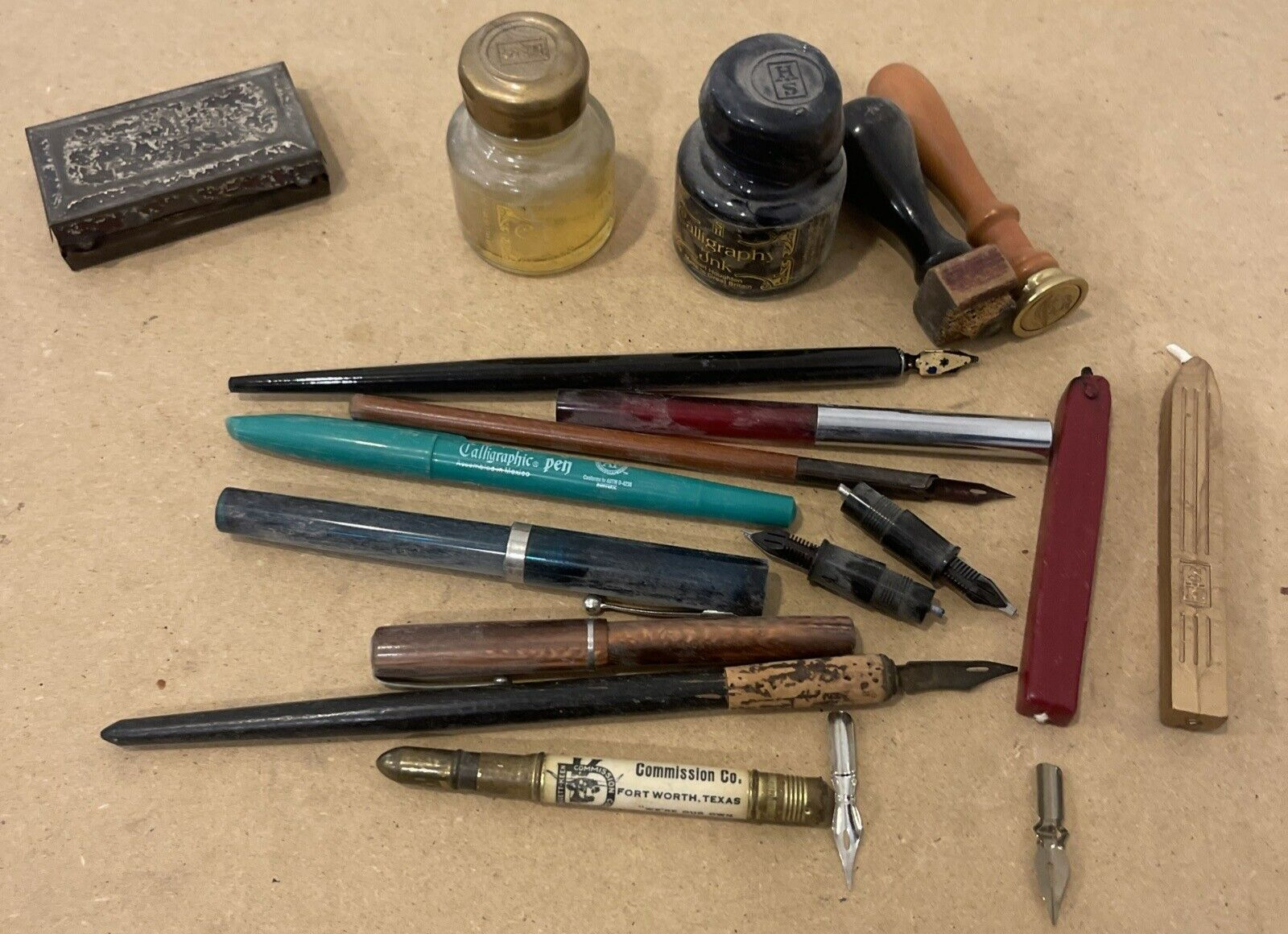 Vintage Calligraphy Mixed Lot Set Kit Pens Stamp Pad Ink Wax Dip Pens Nibs