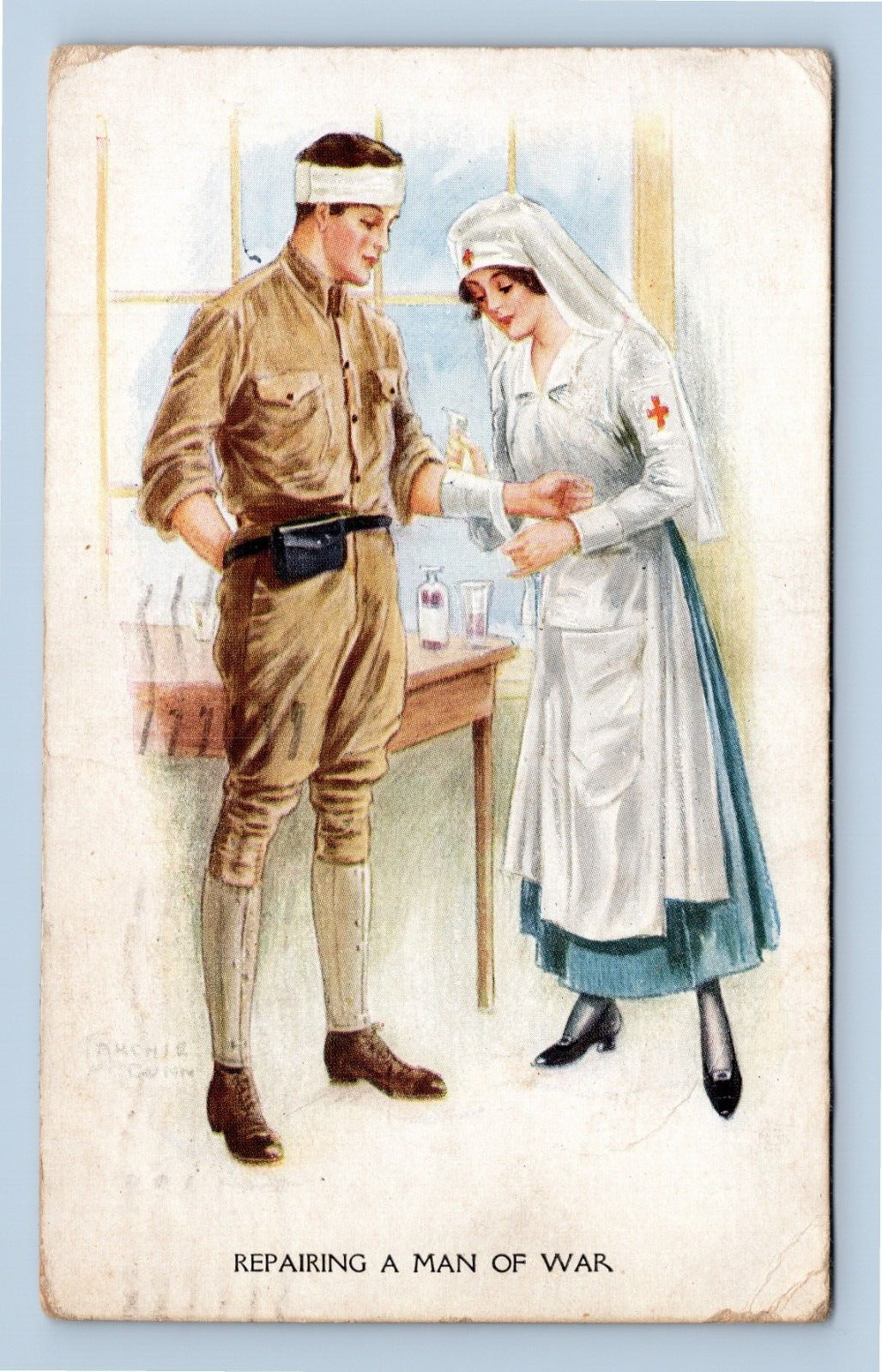 Repairing a Man of War Divided Back Antique Artist Postcard Posted 1917 Military
