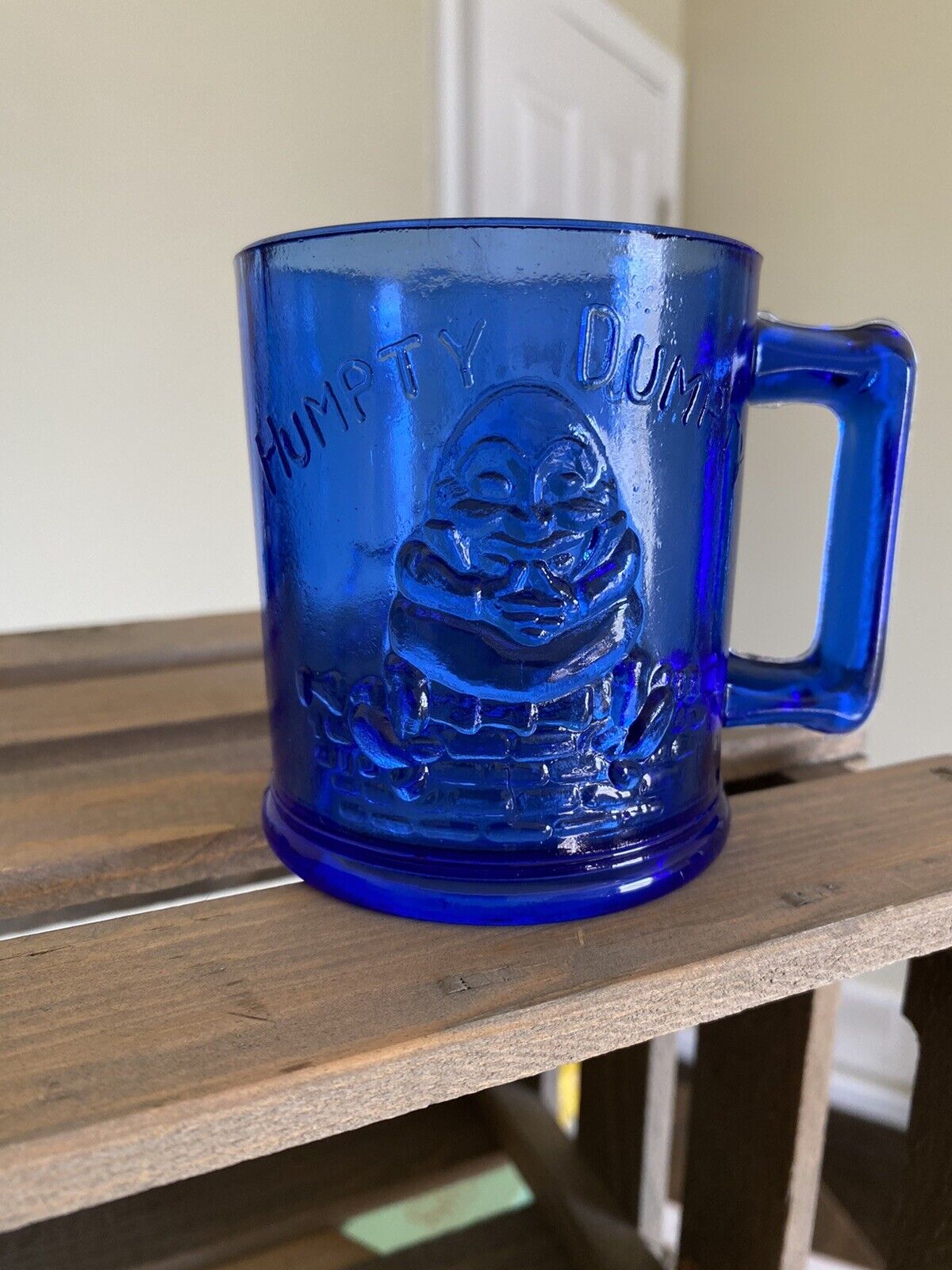 Vintage Cobalt Blue Humpty Dumpty & Tom, Tom the Piper\'s Son Glass Mug.