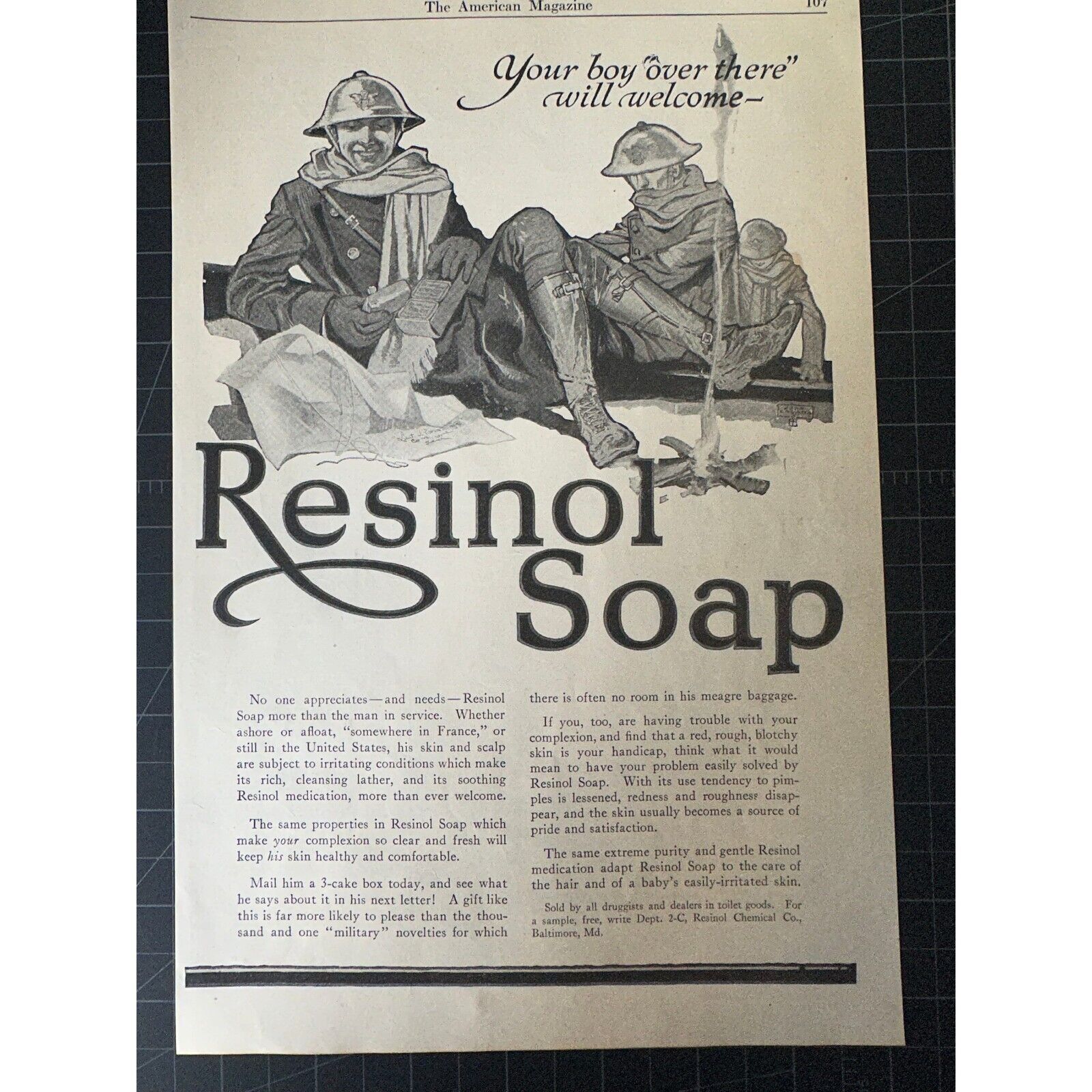 Vintage 1918 Resinol Soap WWI Print Ad