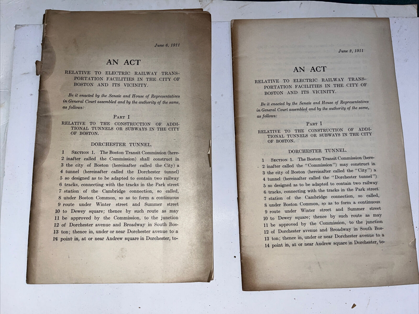 Antique June 2 & 6 1911 Drafts: Act on Electric Railway Transportation in Boston