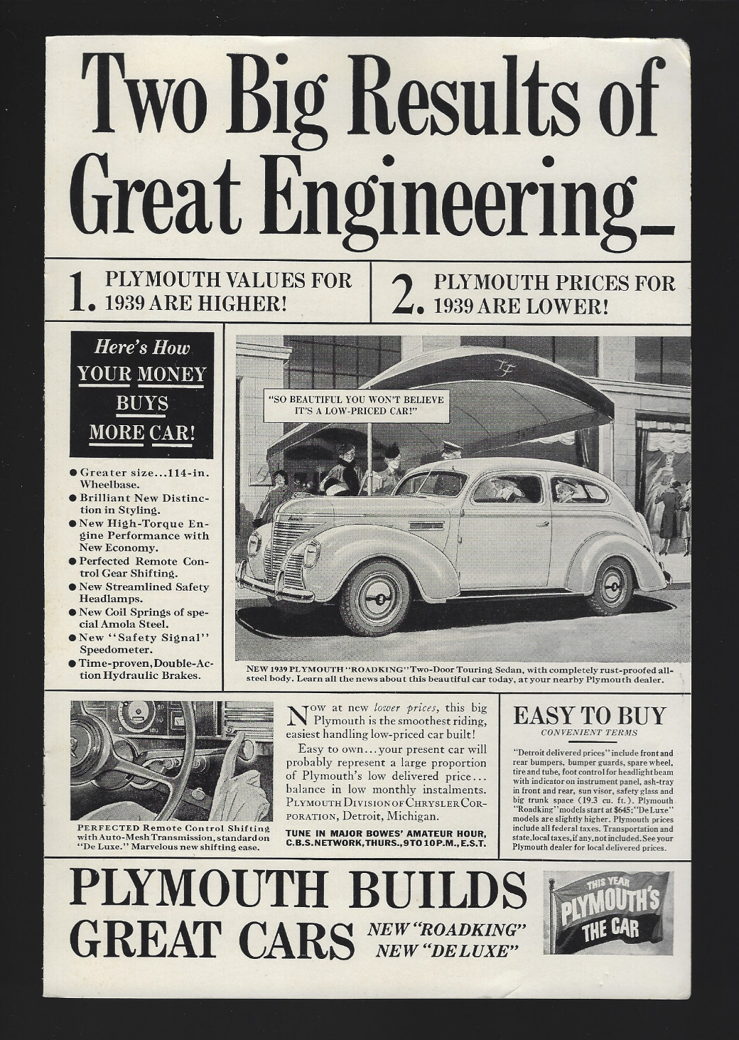 1939 Plymouth New Roadking Two Door Touring Sedan De Luxe Models Car Print Ad
