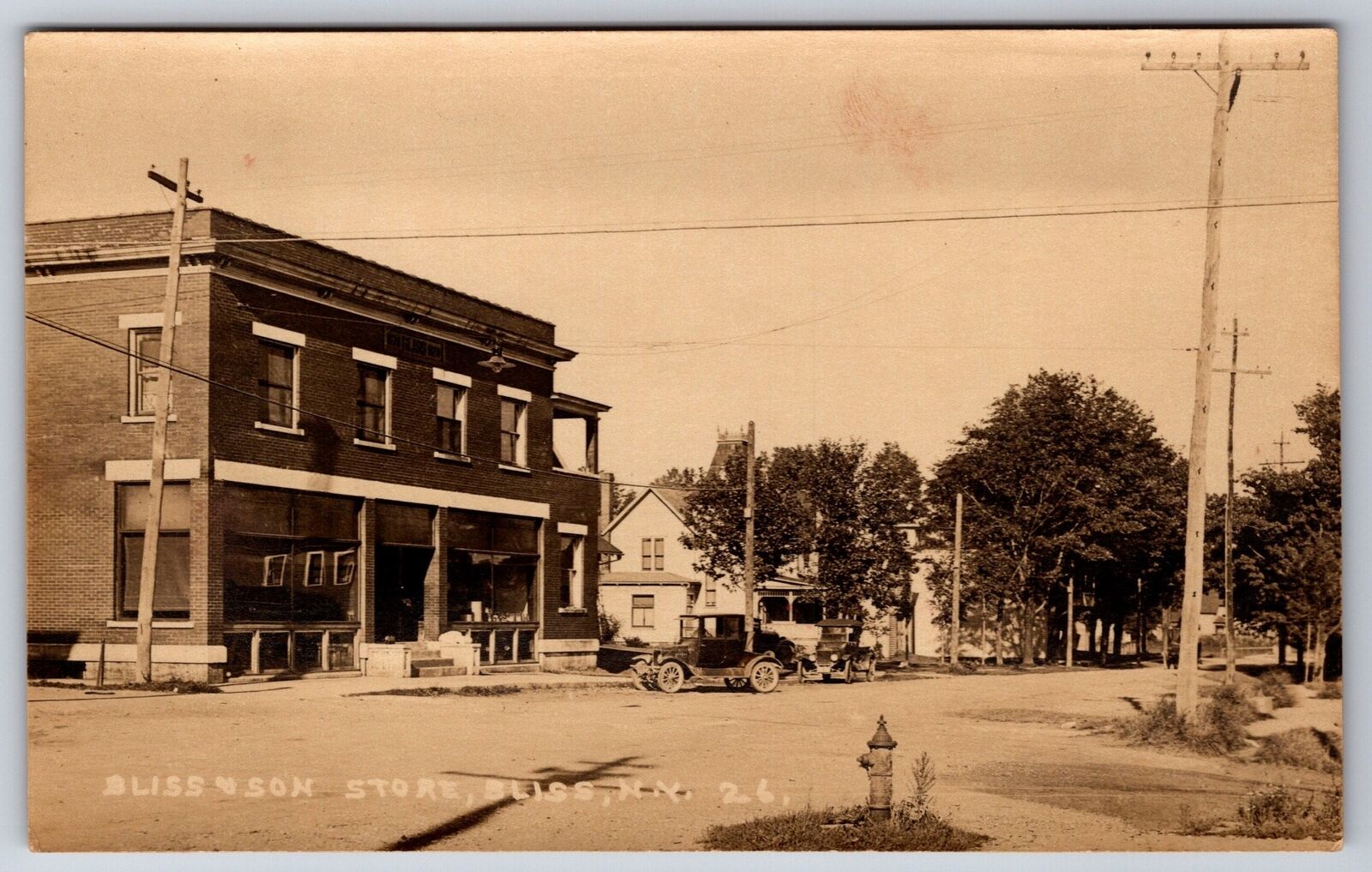 Bliss NY~In Town Of Eagle~Bliss & Son General Store~Vintage Autos~1920 RPPC
