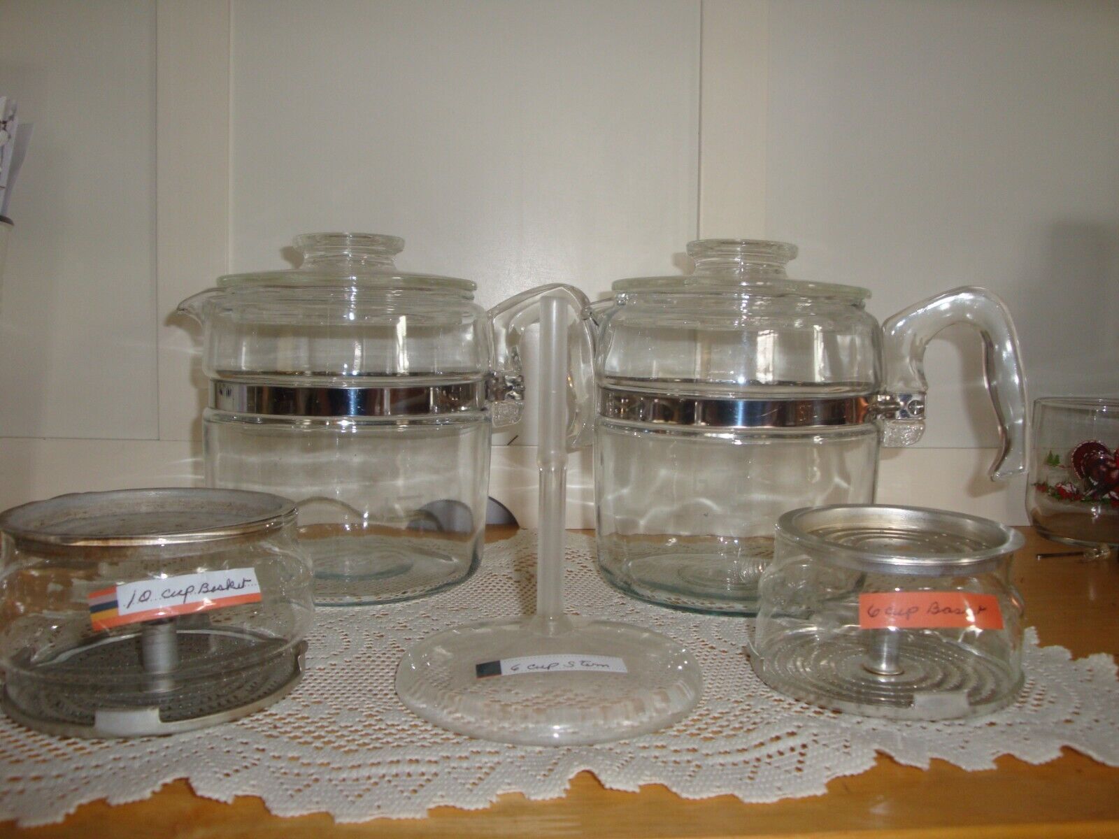 REDUCED 2 Vintage 6 Cup Pyrex Glass Coffee Pots-With basket/Stem-  (D+S)
