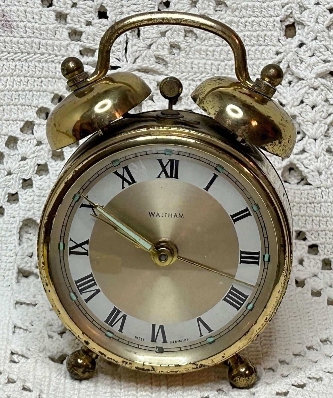 VTG Waltham Rare Double Bell Wind-Up Footed Germany Alarm Clock *Working-Read*
