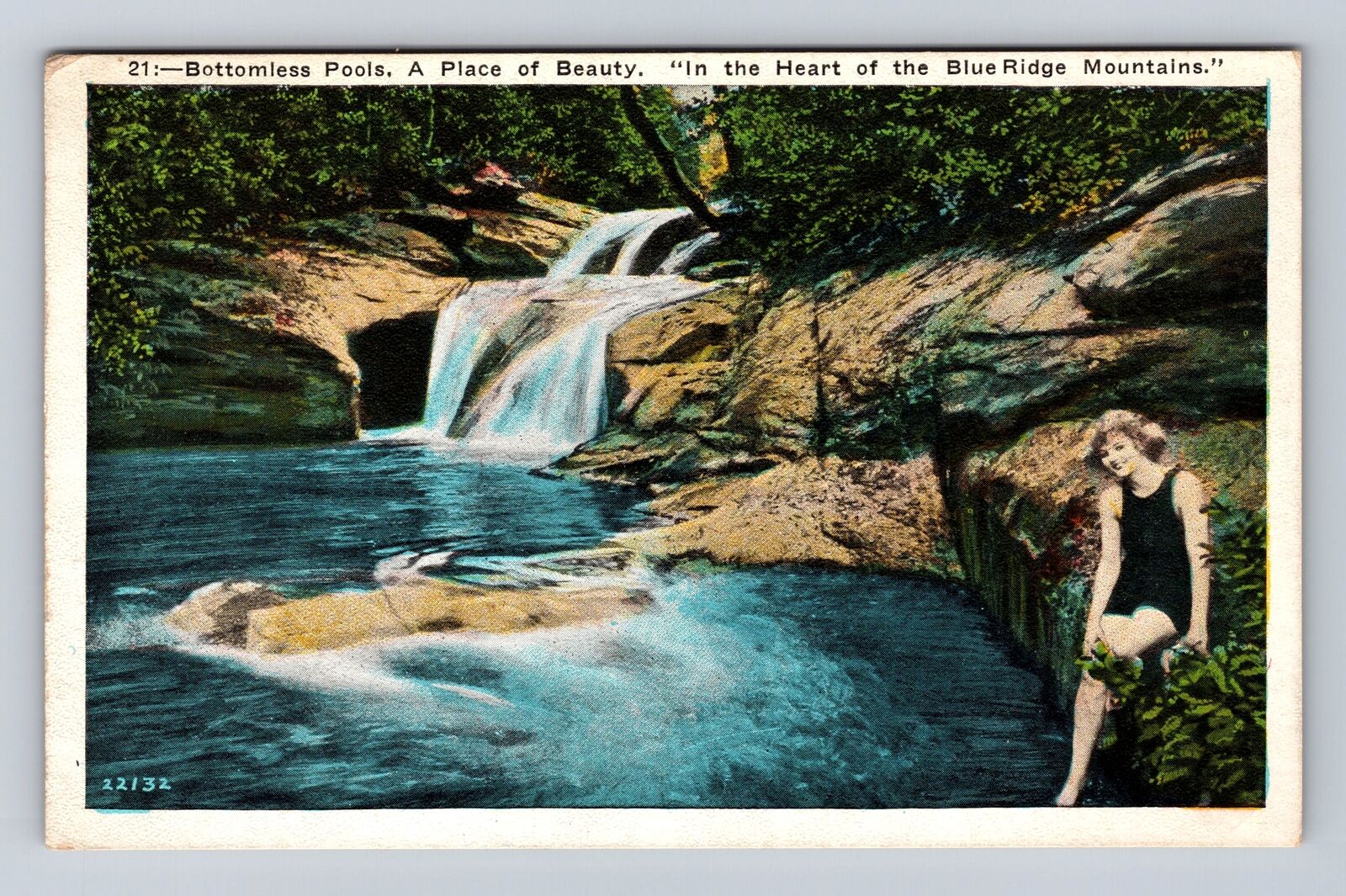 In the Heart of Blue Ridge Mountains, Fall and River, Woman, Vintage Postcard