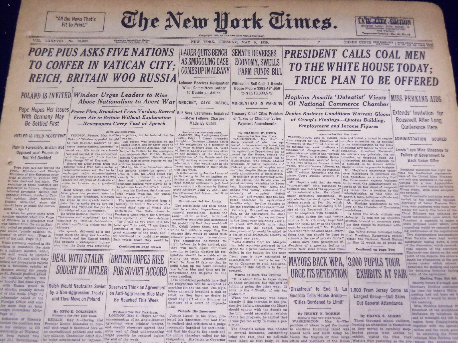 1939 MAY 9 NEW YORK TIMES - PIUS ASKS NATIONS TO VATICAN - NT 3068