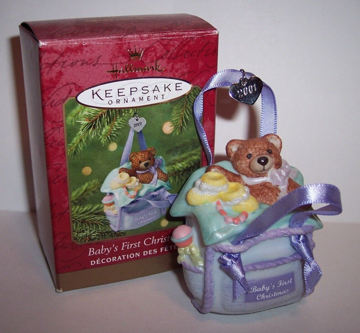 Vintage  2001 Hallmark Ornament- BABY'S FIRST CHRISTMAS Diaper Bag Bear Booties