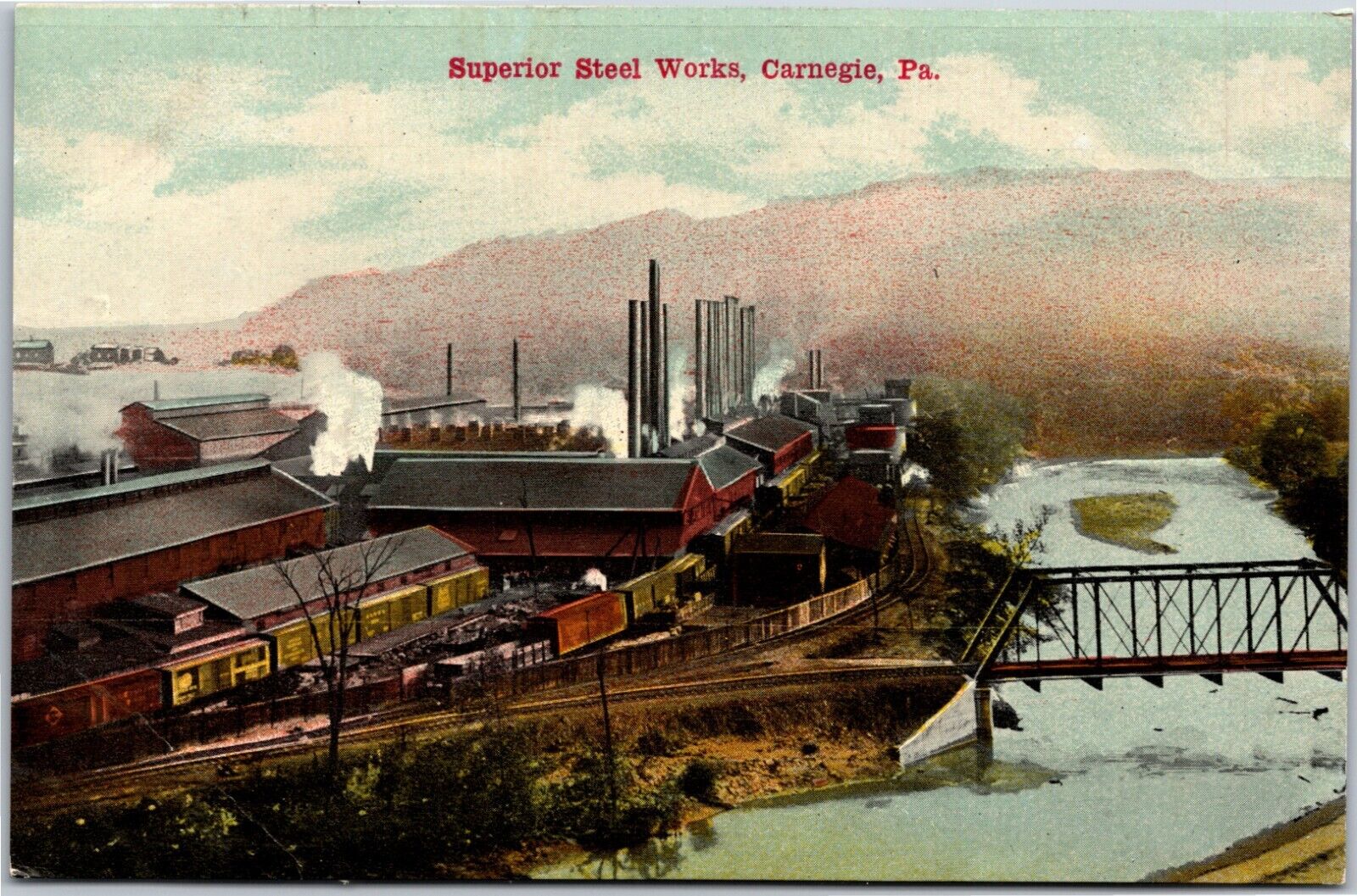 Carnegie PA Superior Steel Works Factory - Trains, Bridge c1910 Vintage Postcard