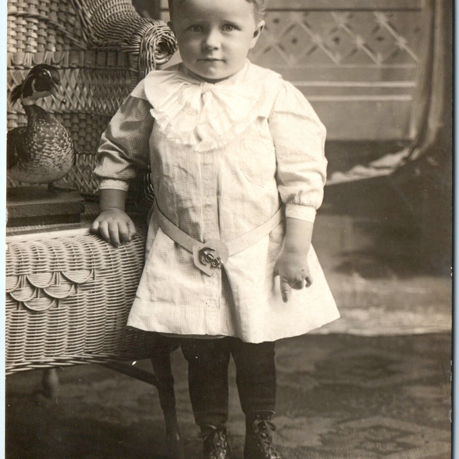 c1910s Adorable Boy Sailor Belt RPPC Taxidermy Duck Captivating Real Photo A142