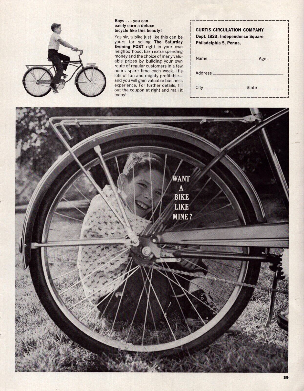 Curtis Circulation Company Boy Earns a Bicycle Prizes Vintage Print Ad 1963
