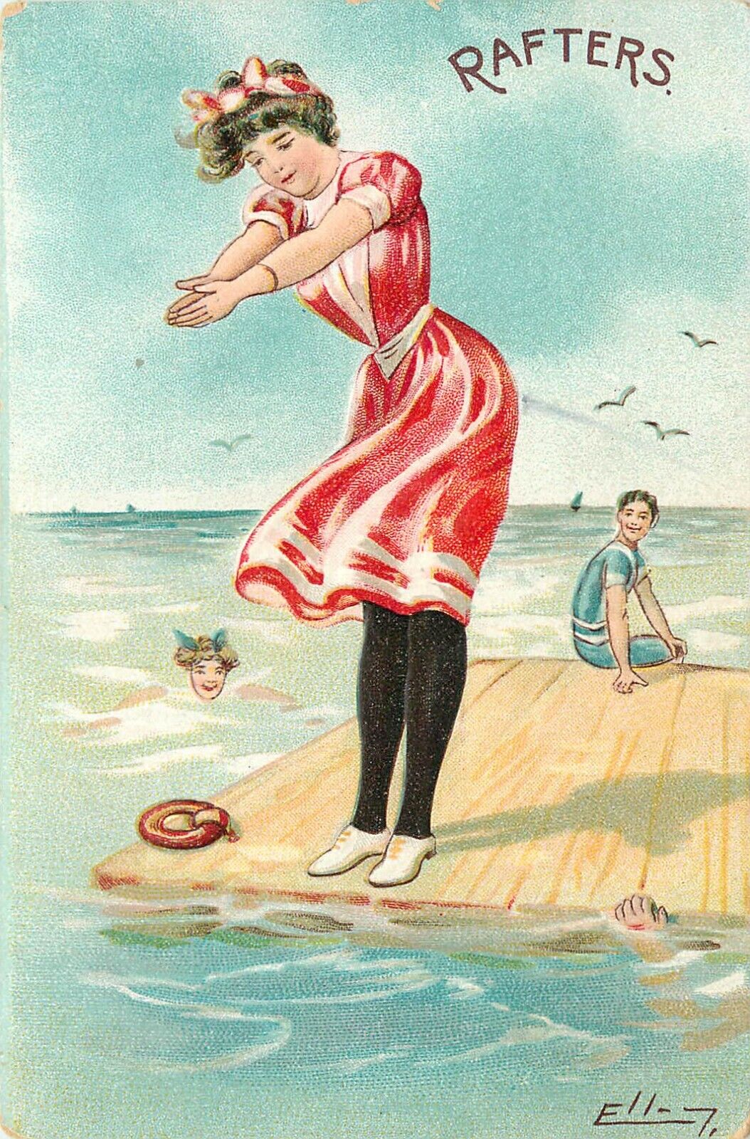 Embossed Postcard S/A Ellam Rafters Woman About To Dive in The Ocean From Dock