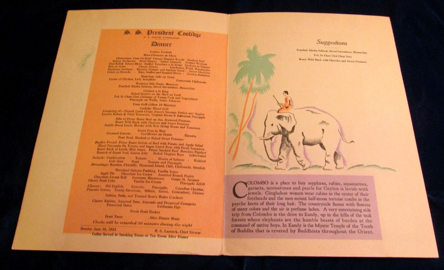 1934 Awesome Elephant on  MENU, S. S. President Coolidge Dollar Steamship Liner,